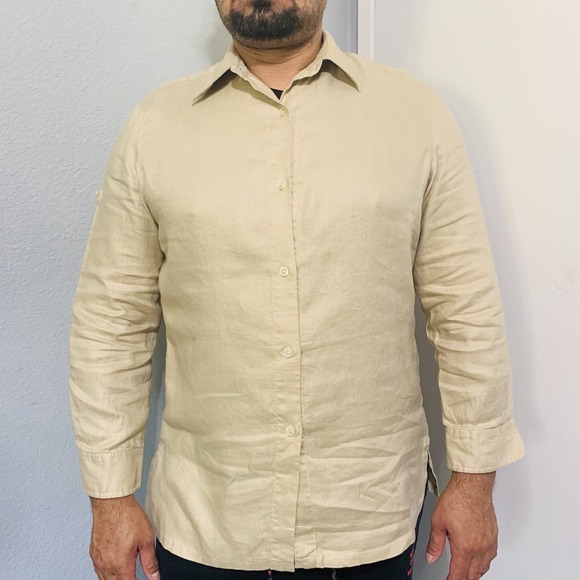 Lauren Ralph Lauren Men 100% Linen Convertible Long Sleeve Light Yellow Shirt L - Picture 4 of 10